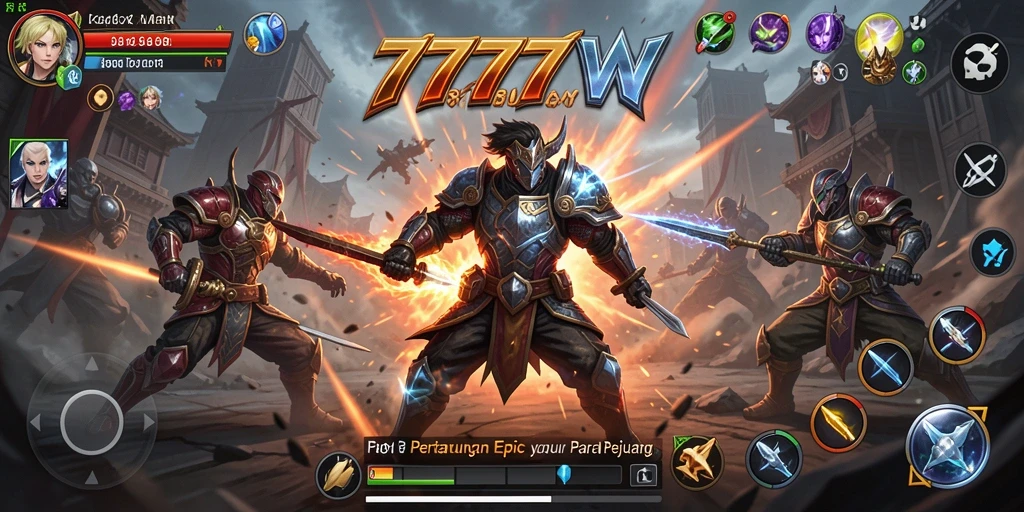 Tampilan seru dari gameplay 7777W dengan aksi pertarungan yang intens.