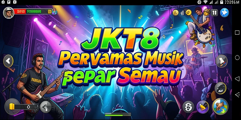 Tangkapan layar dari gameplay JKT8 yang penuh energi dan musik.