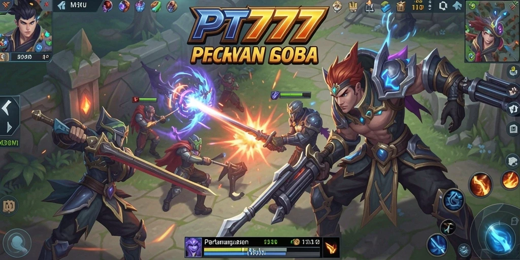 Tampilan dinamis arena pertarungan PT777 dengan karakter yang beraksi.